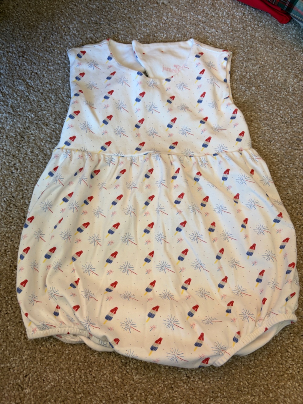 Toddler Girls White Sleeveless Romper with Red & Blue Rocket Print 2T